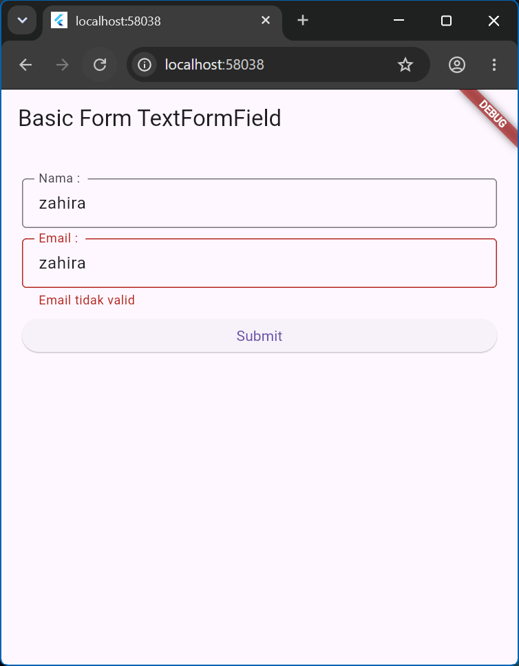 Hasil submit TextFormField