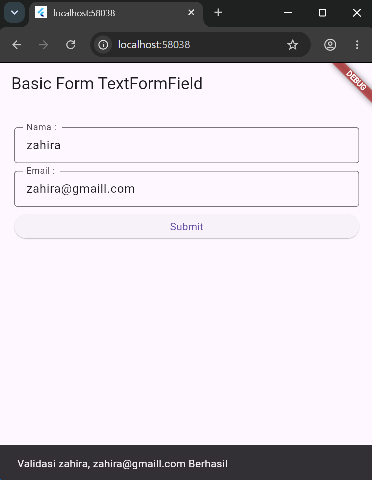 Hasil submit TextFormField