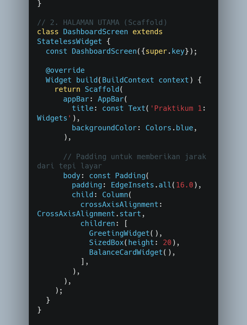 DashboardScreen dengan Scaffold