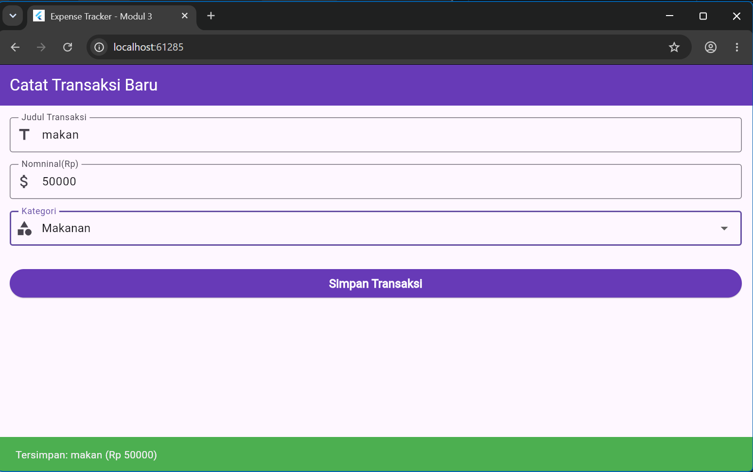 Output transaksi berhasil